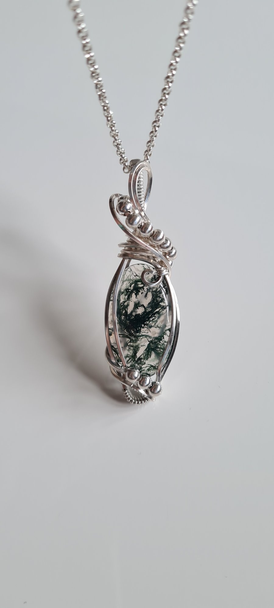 925 Silver & Natural Moss Agate Necklace Pendant Gift Handmade Crystal Jewellery