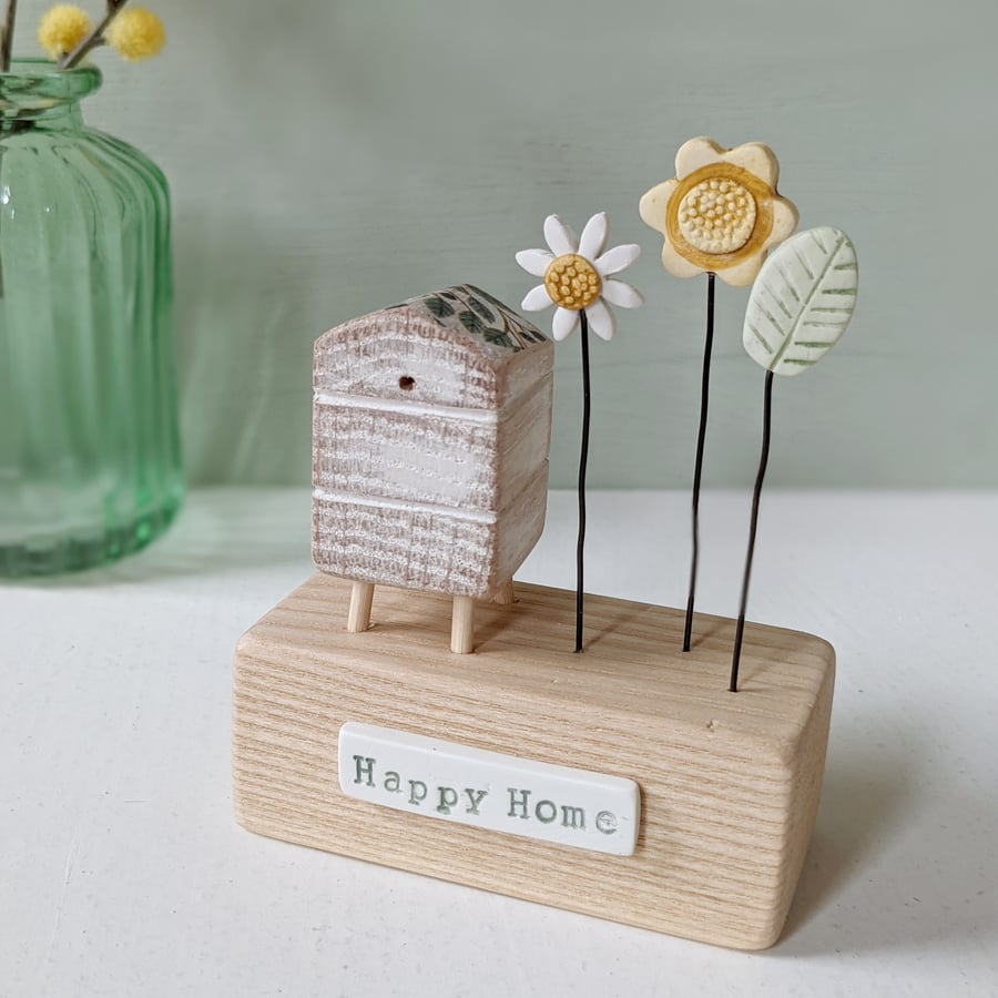 Wooden Beehive With Clay Flower Garden 'Happy Home'