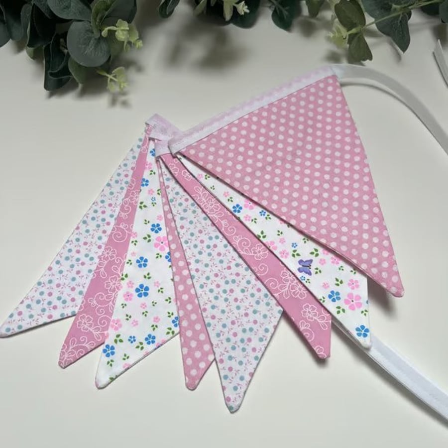 Handmade Fabric Bunting 8 Flags in Pink & White Floral and Patterned Design