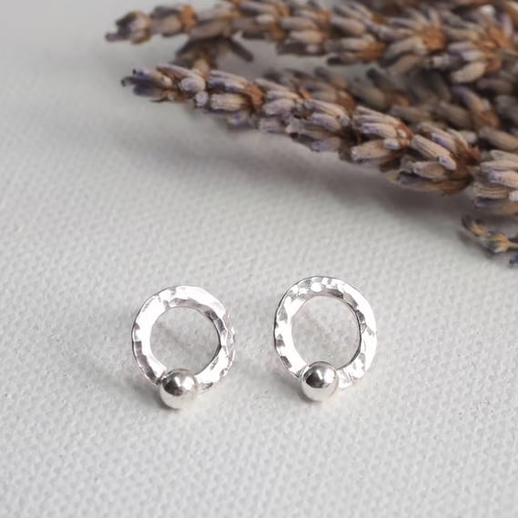 Little Silver hoop ring stud earrings, hammered silver ring hoop studs, ARC
