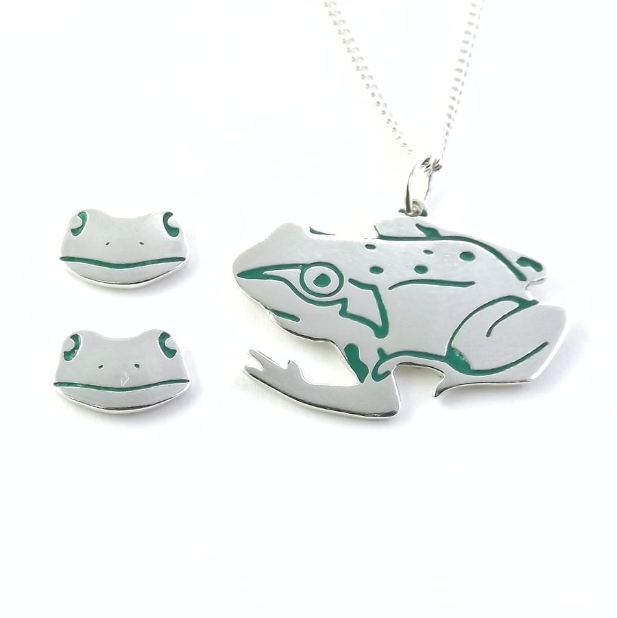 Frog jewellery set - large pendant and stud earrings (sterling silver)