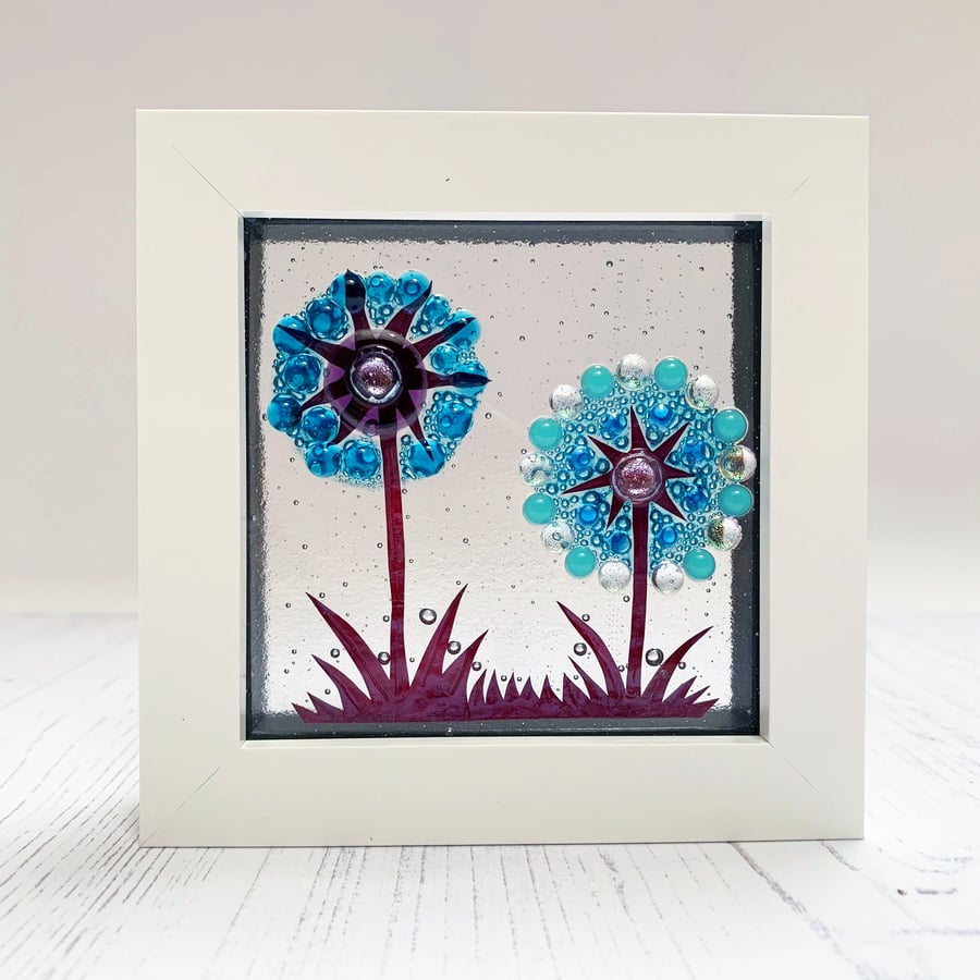 Fused Glass Double Allium Picture - Freestanding Framed Fused Glass Picture