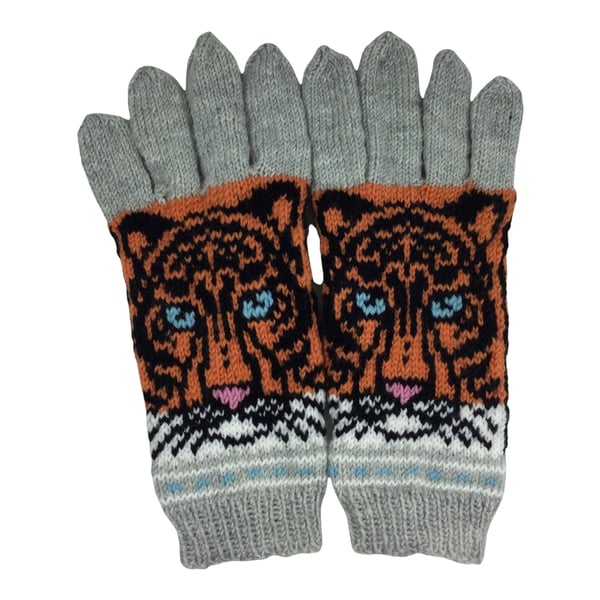 Tiger gloves, handknit gloves, Handmade gloves, jungle wool gloves, fairisle glo