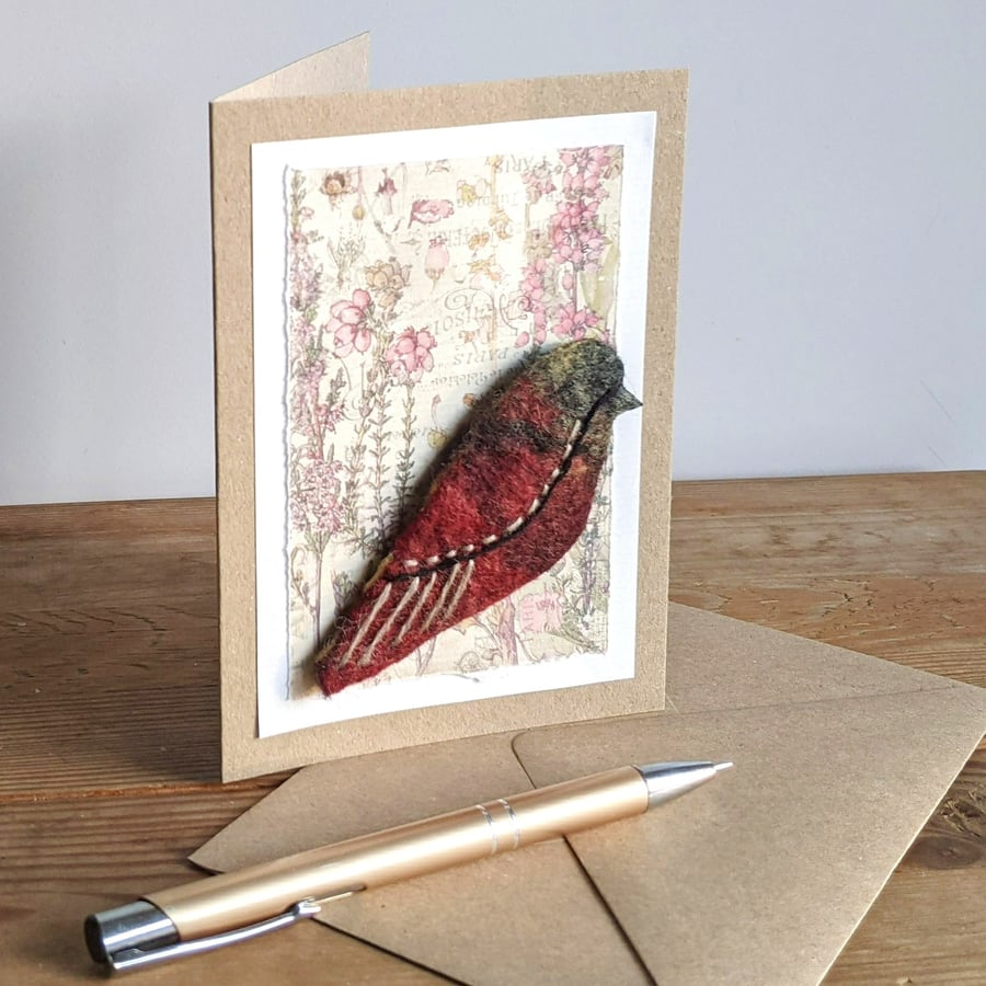 Brooch on a card - felted bird in reds