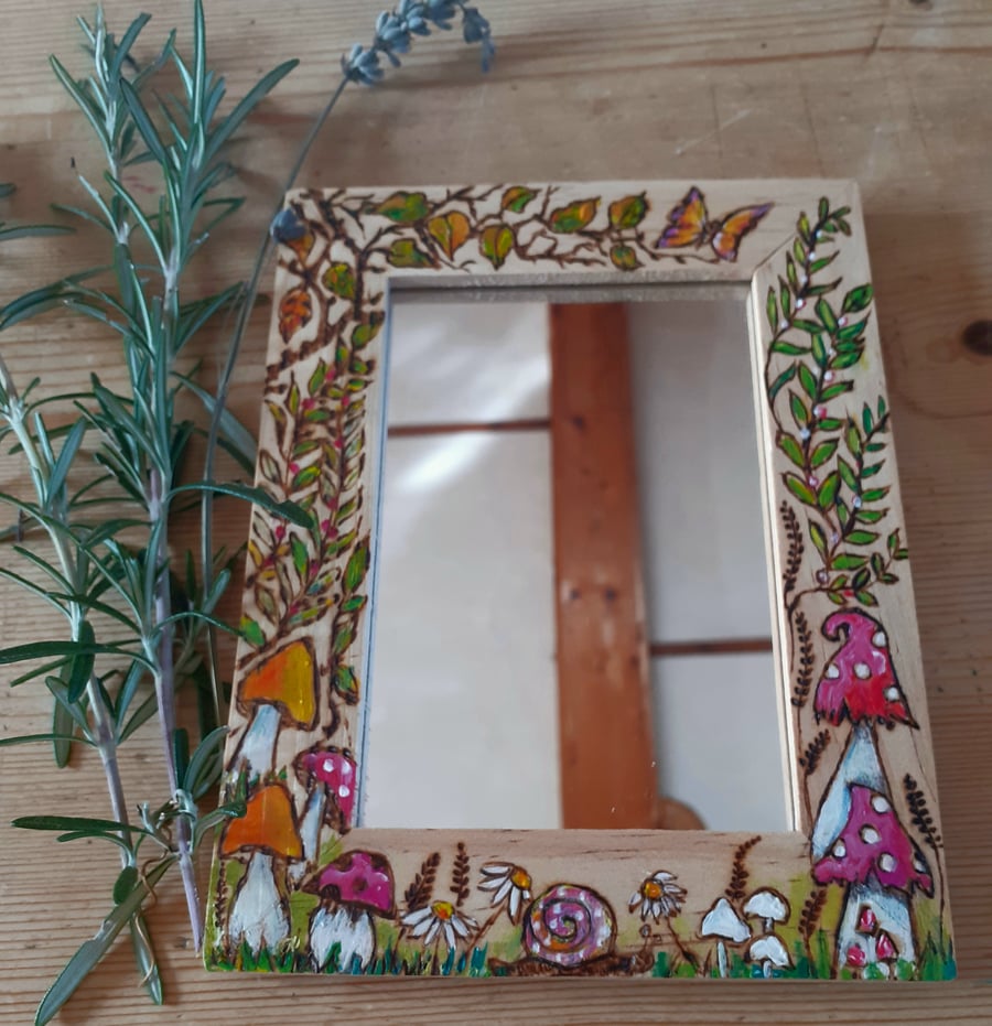 Handburned and painted decorative mirror