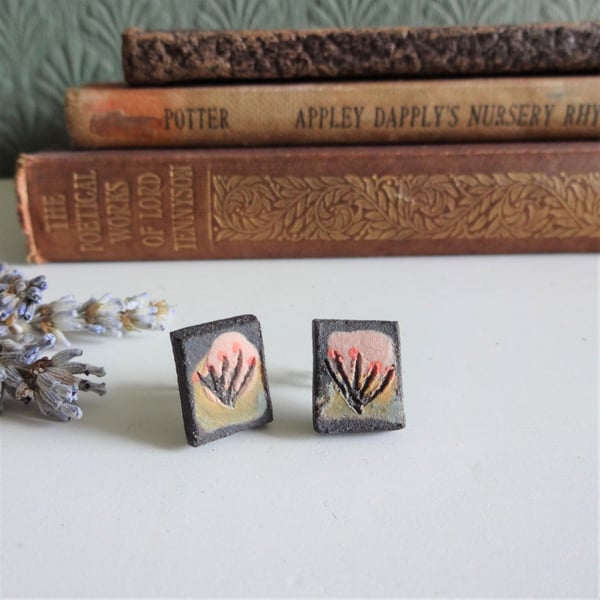 Black ceramic earrings, sterling silver fittings. Rectangles, abstract motifs.