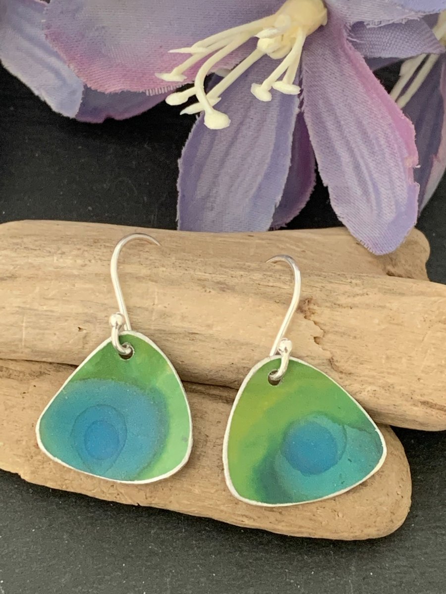Printed Aluminium and sterling silver earrings - Lime and blue