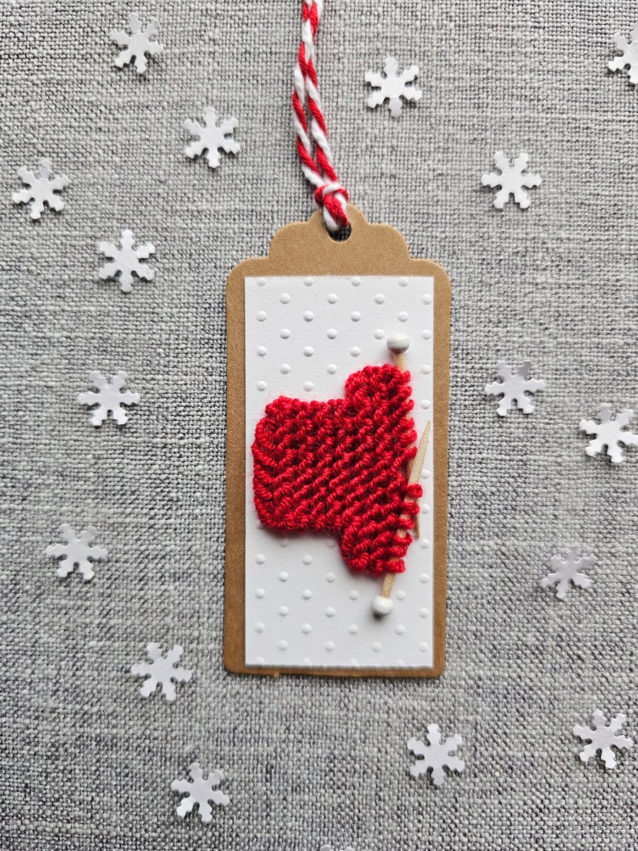 Small unique gift tag with tiny red knitted jumper for Christmas, Valentines