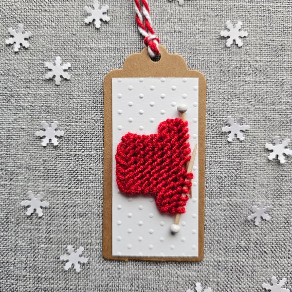 Small unique gift tag with tiny red knitted jumper for Christmas, Valentines