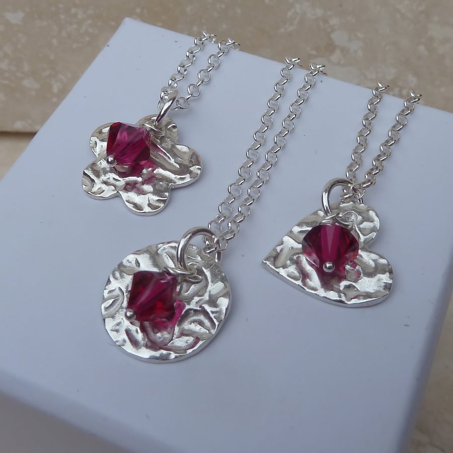 July Birthstone Necklace - Fine Silver Charm and Ruby Crystal Birthstone