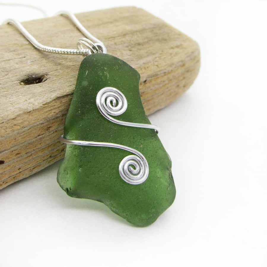 Sea Glass Pendant - Olive Green - Scottish Silver Wire Wrapped Heart Jewellery