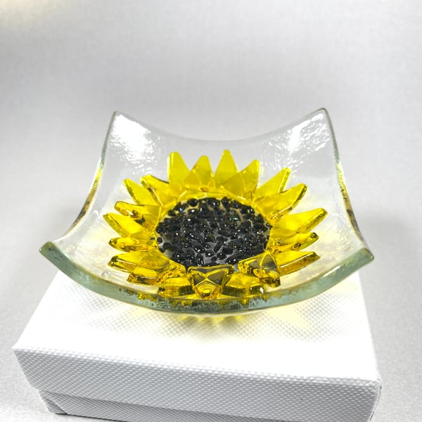 Fused glass sunflower trinket dish in gift box