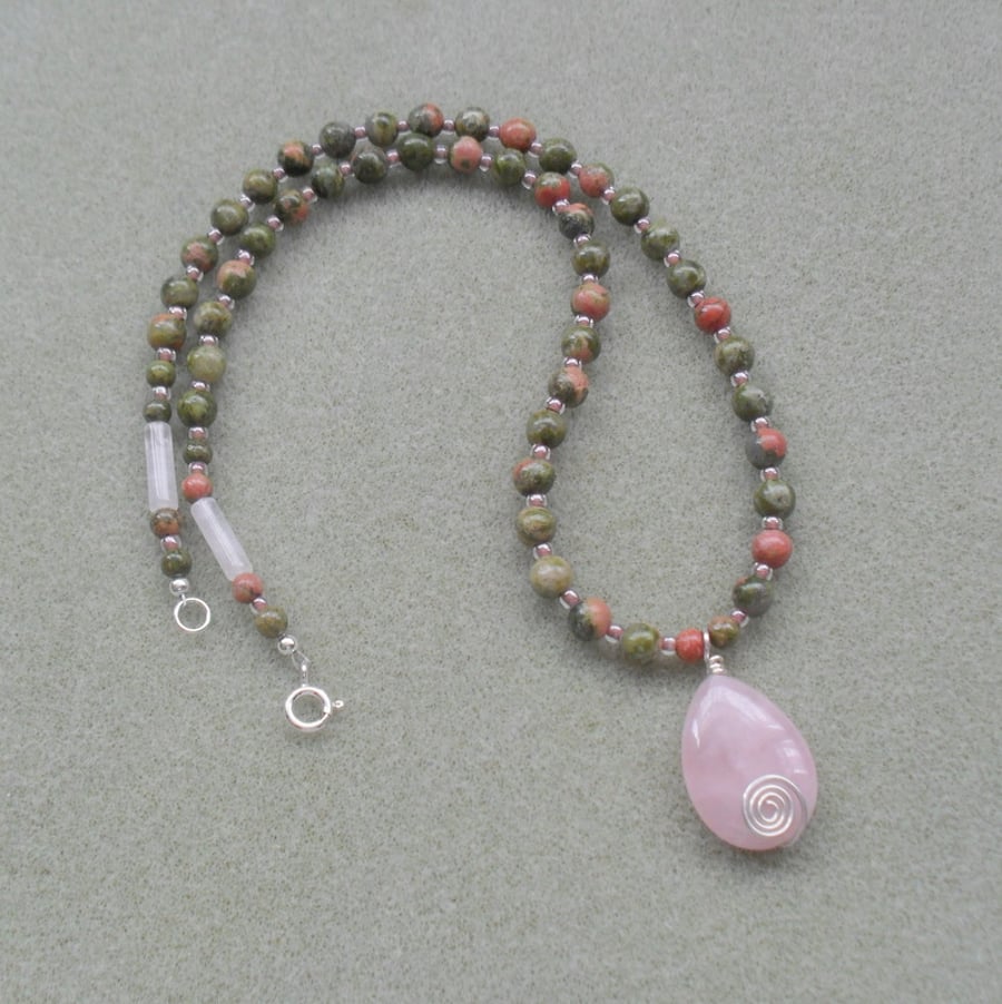 Unakite Semi Precious gemstone Necklace Sterling Silver