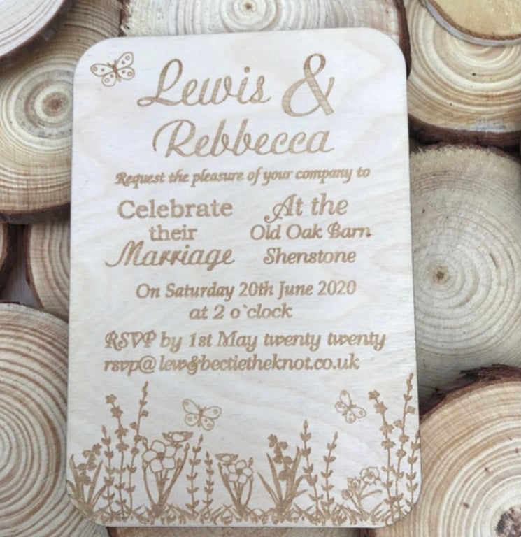 Wooden engraved rustic wedding invitations, spring flowers, wild flowers design