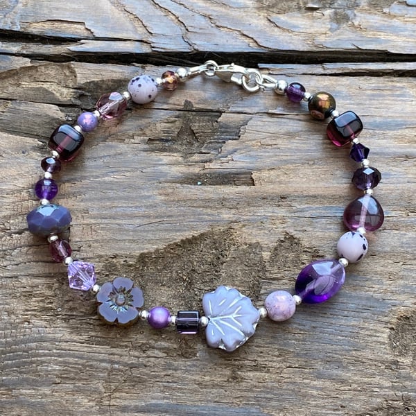 Purple Mix Beads & Sterling Silver Bracelet 