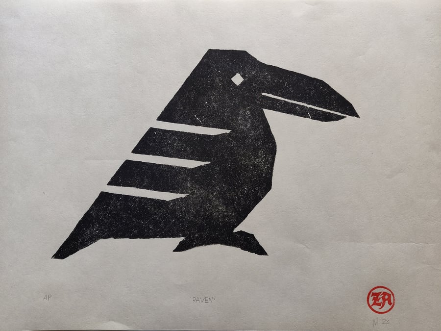 Raven stonecut print