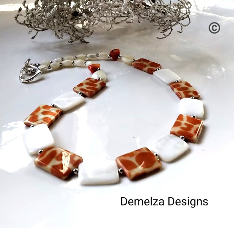 Designer Natural Mother Of Pearl, & Coral Necklace 