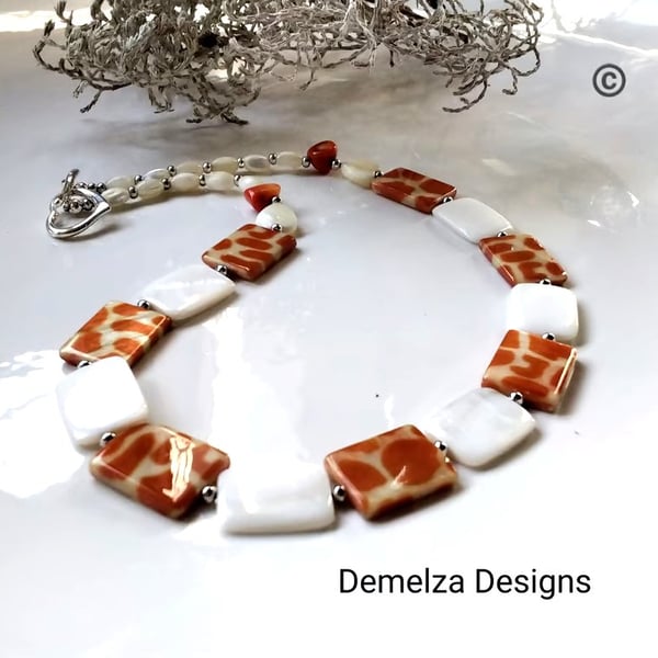 Designer Natural Mother Of Pearl, & Coral Necklace 