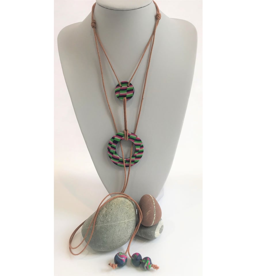 Blue, Teal, Hot Pink & Apple Green Polymer Clay & Cotton Lariat Necklace