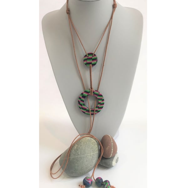 Blue, Teal, Hot Pink & Apple Green Polymer Clay & Cotton Lariat Necklace