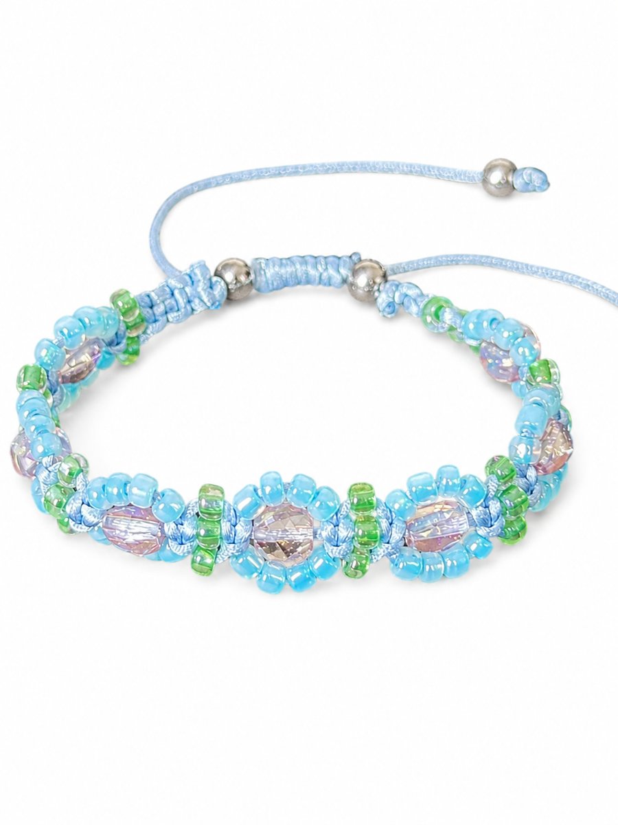 Blue, pink and green glass beaded bracelet one size