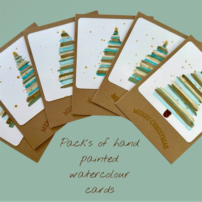 Packs of Christmas cards, trees,hand painted, metallic watercolour, sparkly card