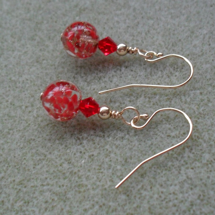 Red Venetian Murano Glass Gold Filled Earrings Valentines Gift