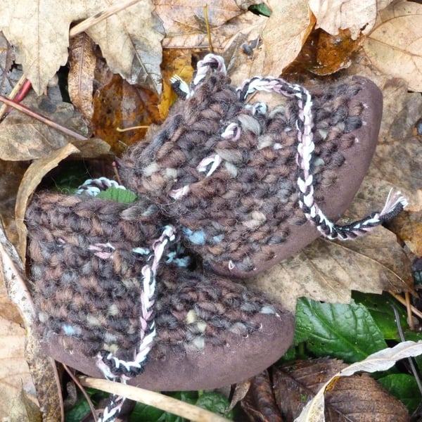 Wool & Leather Baby Boots - Dark Chocolate- sizes 1-3 - optional personalisation