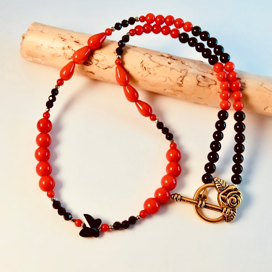 Red Bamboo Coral Necklace With Black Spinel, Onyx And Swarovski Butterfly