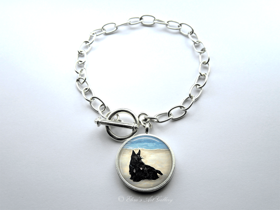 Silver Plated Scottish Terrier Dog Art Large Link Charm Bracelet With Toggle
