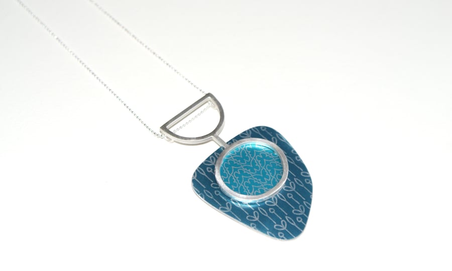 Silver, blue and turquoise statement pendant - butterfly and spring buds pattern