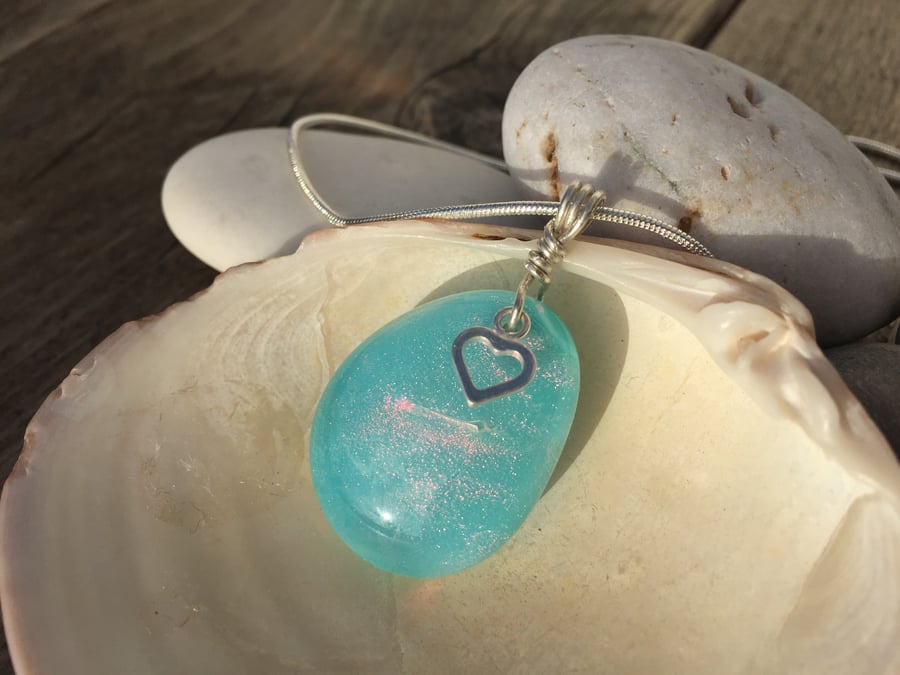 Sterling Silver Fused Glass Necklace in Pale Turquoise with Silver Heart Charm