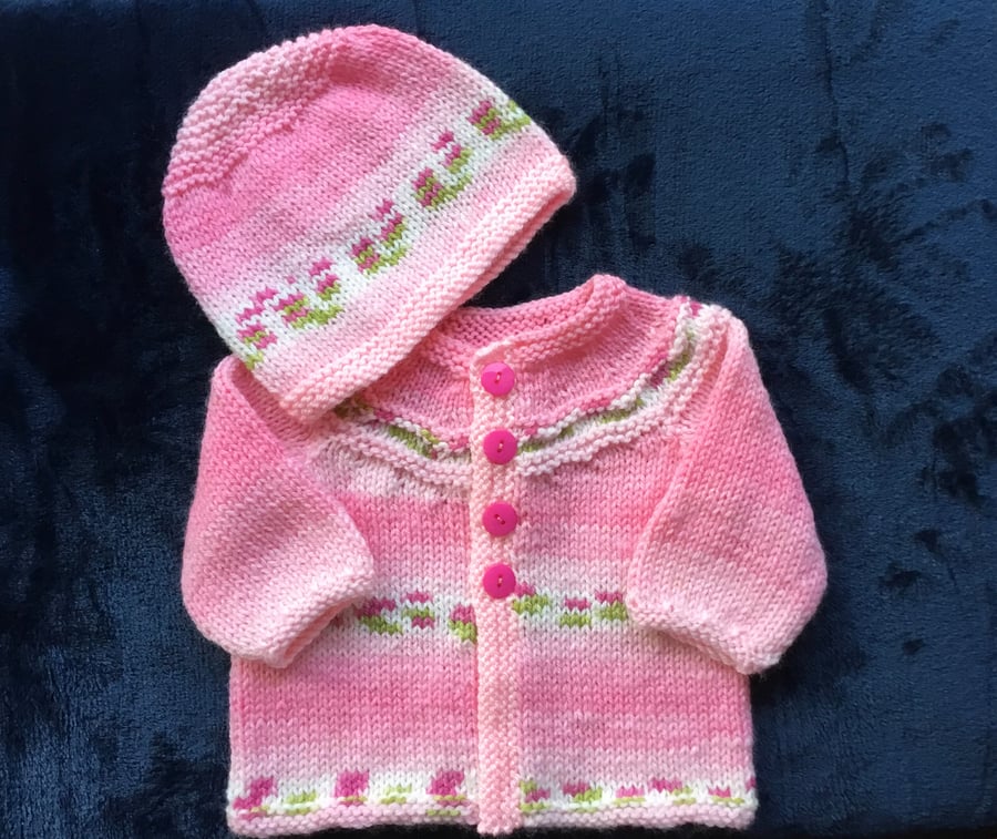 Hand knitted pink Fair isle baby jacket and hat 0 - 3. Months