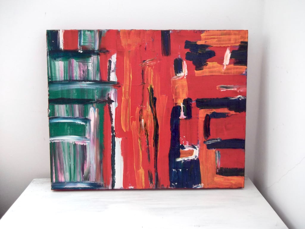 Original Bright Red Abstract Painting, Red, Green Orange, Blue White,Modern Art,