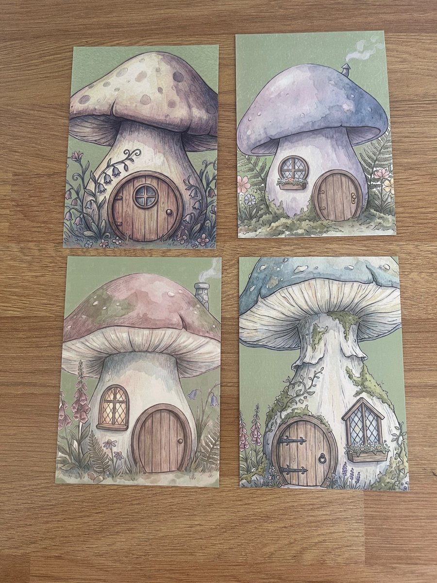 Whimsical Fairy House Postcard Set - Set of 4 Mushroom Cottage Postcards 