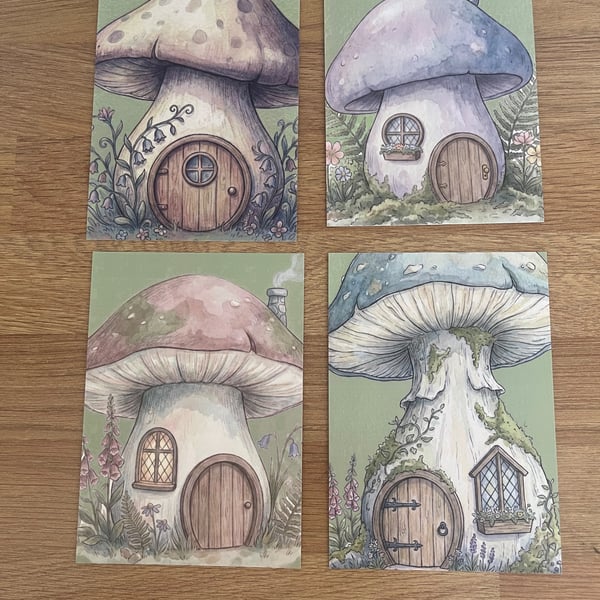 Whimsical Fairy House Postcard Set - Set of 4 Mushroom Cottage Postcards 