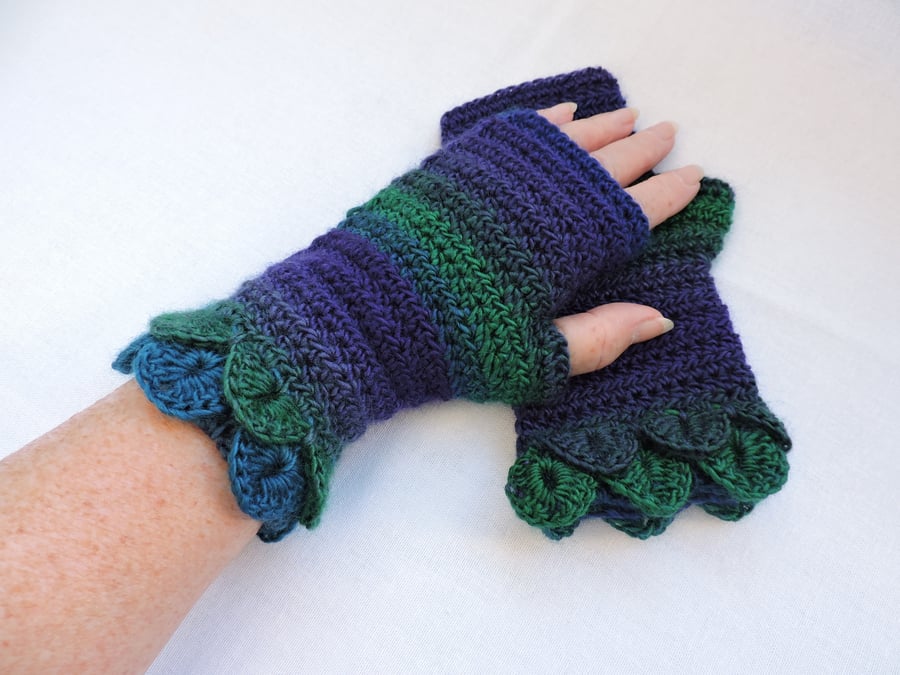Sale  Mittens with Dragon Scale Cuffs Fingerless Purple Emerald Green  Blue