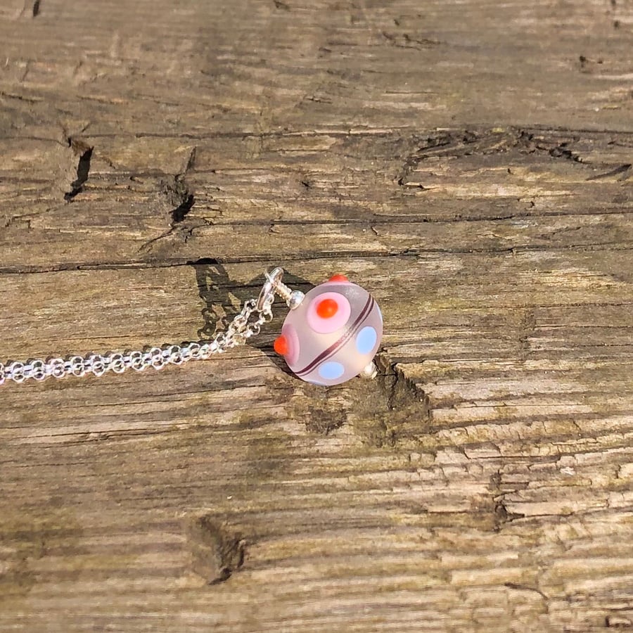 Pink, blue & orange lampwork glass pendant with sterling silver necklace 