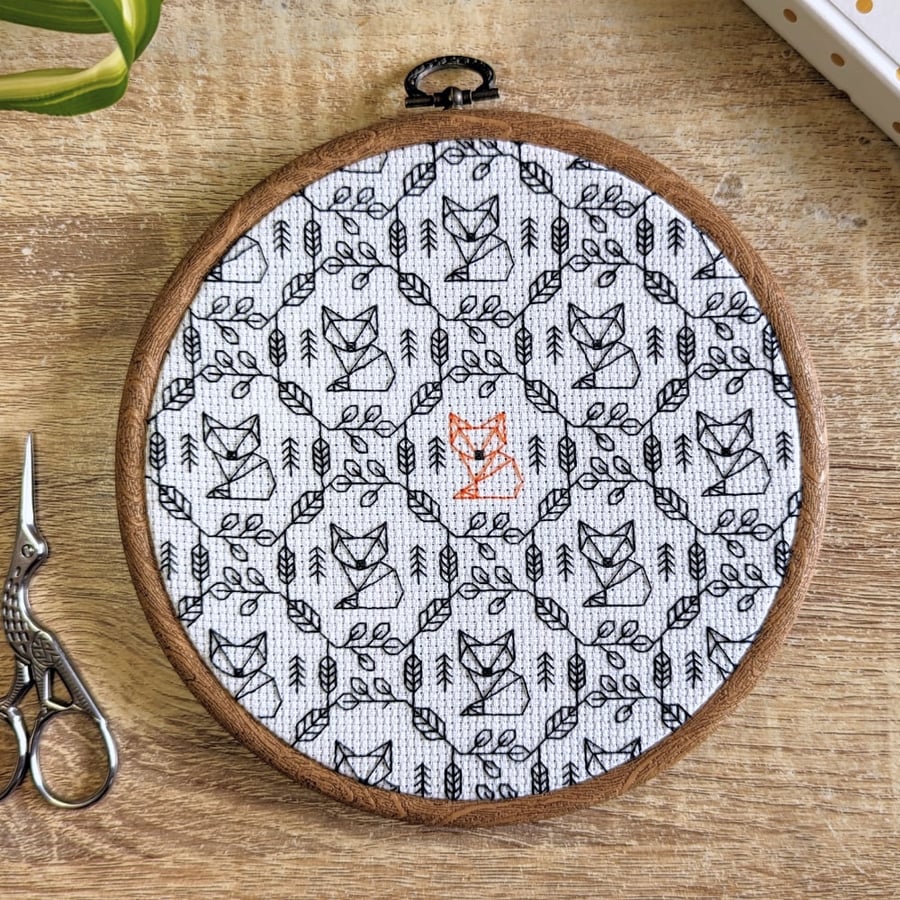 Fox Blackwork pattern PDF. Woodland setting. Backstitch, cross stitch design