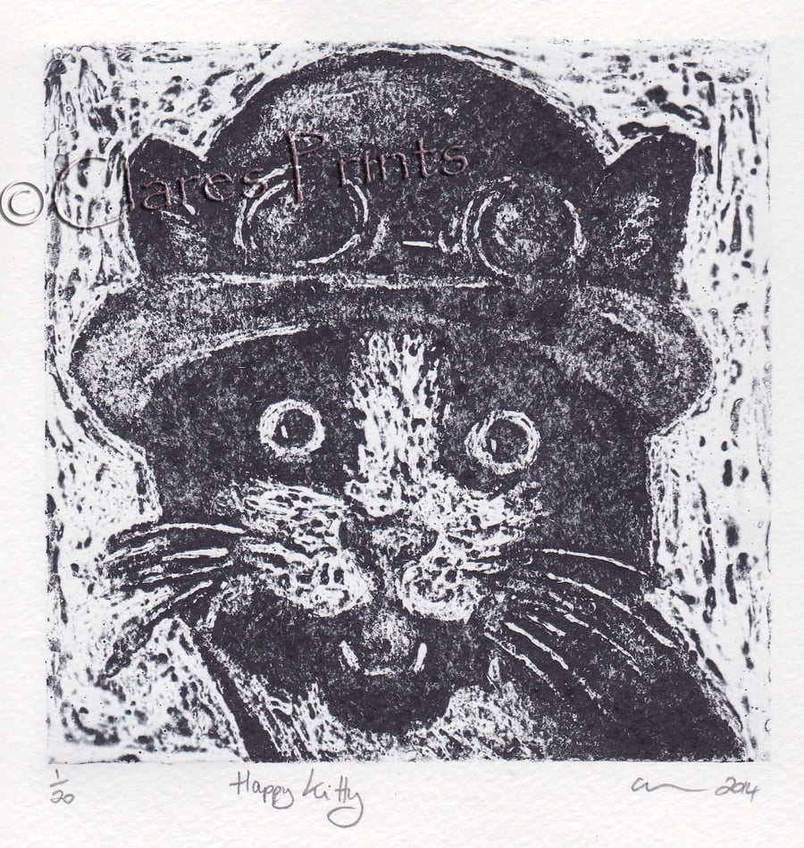 Happy Kitty Cat Art Limited Edition Hand-Pulled Collagraph Print