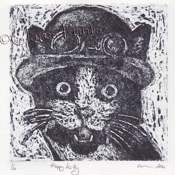 Happy Kitty Cat Art Limited Edition Hand-Pulled Collagraph Print