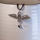 Handmade silver bat necklace with adjustable cord with black onyx gemstone