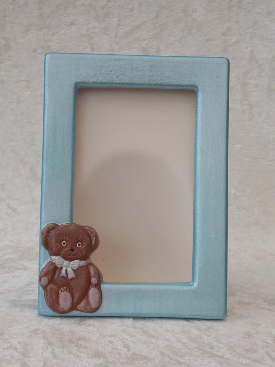 Hand Painted Ceramic Cute Brown Teddy Bear On Baby Blue Photo Picture Frame.