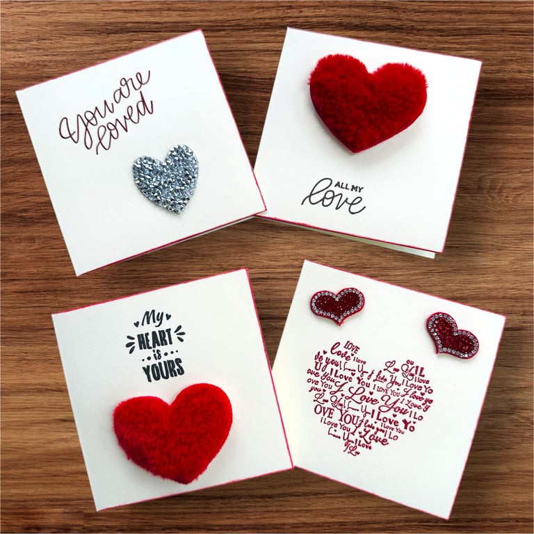 Valentine cards in 4 designs. Fluffy, diamanté hearts. Love 