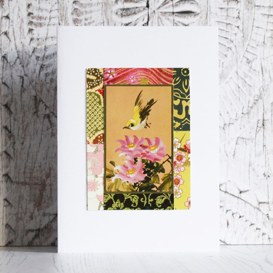 Handmade card. Collage - Yellow finch and flowers