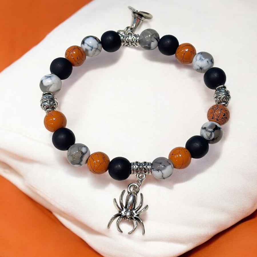 Spider Charm Beaded Stretch Bracelet, Autumn, Halloween