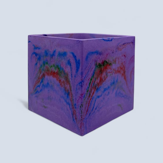 Lilac Cube Plant Pot – 10 cm Marbled Indoor Planter with Red, Green & Blue Swirl