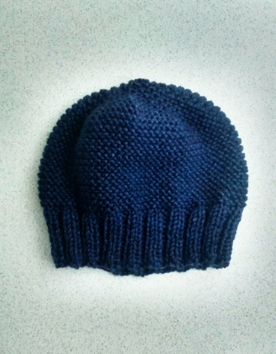 Beanie Hat in Blue Tweed Aran, Hand Knitted 