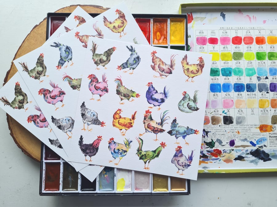 Colourful silly chickens watercolour art print