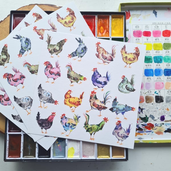 Colourful silly chickens watercolour art print